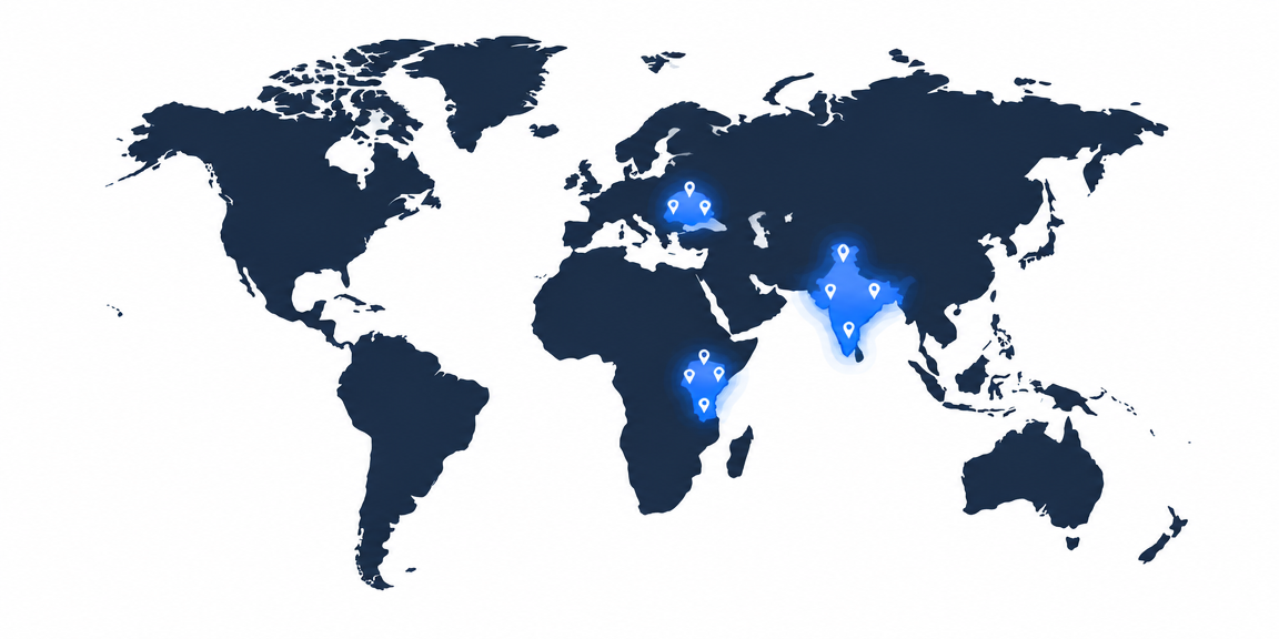 World map highlighting our mission fields in India, Kenya, and Romania