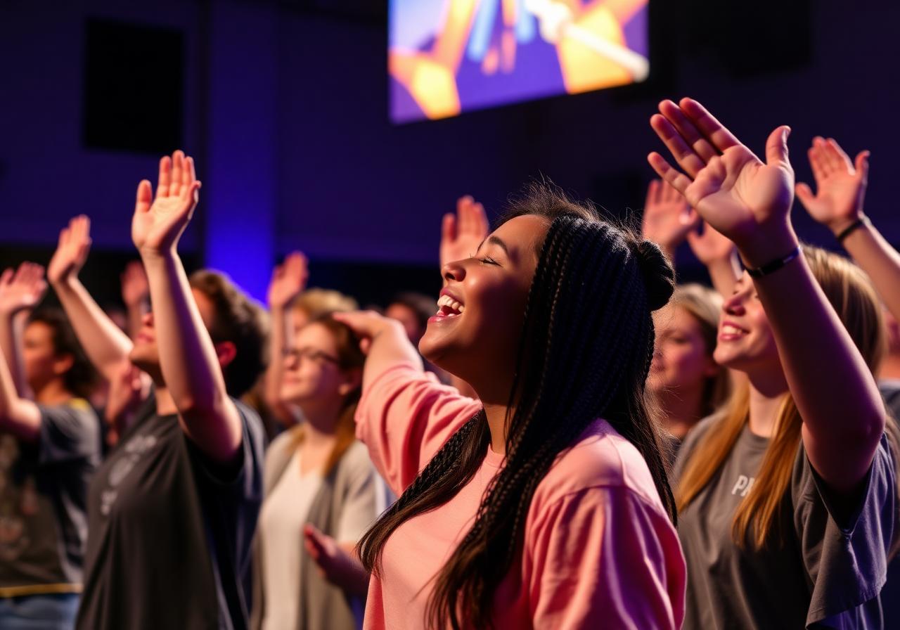 Students worshipping at The River